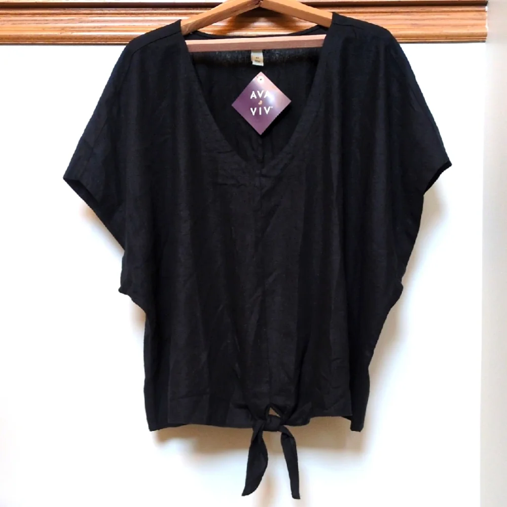 NEW Womens 4X Linen Blend Black Tie Front Summer Top Ava & Viv Short Sleeve 🌞 - Picture 1 of 10